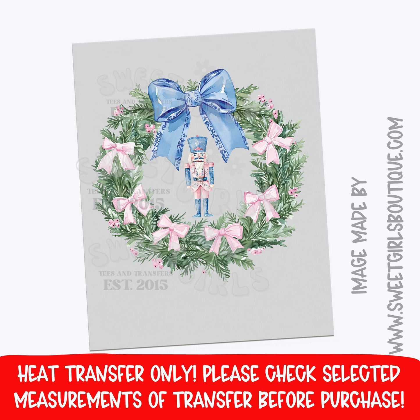Blue Nutcracker Wreath Heat Transfer | Elegant Christmas DTF | Holiday Iron On | Ready To Press Cold Peel Transfer | Blue Bow Christmas Decor Print | Not A Shirt