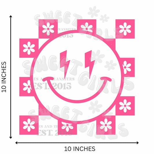 Pink Lightning Smile Checkerboard Flower DTF Transfer – Preppy Happy Face Iron-On HEAT TRANSFER for T-Shirts, Bags & More – Washable & Durable