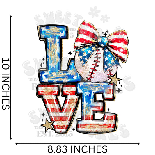 LOVE Baseball Bow USA Flag DTF Transfer – Glitter Look Patriotic Design – Iron-On Heat Transfer for Shirts, Bags, and More