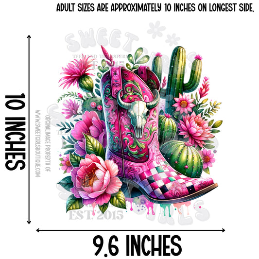 Cowgirl Cactus Boot DTF Transfer – Floral Skull Western Pink Boot Shirt – Southwestern Rodeo Iron-On Design