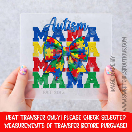 Autism Mama Heat Transfer NOT A SHIRT puzzle bow autism awareness mama dtf transfer bright colors