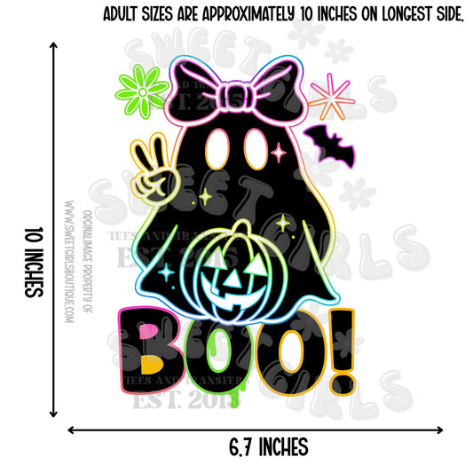 Neon BOO Ghost with Peace Sign – Glow Halloween DTF Heat Transfer