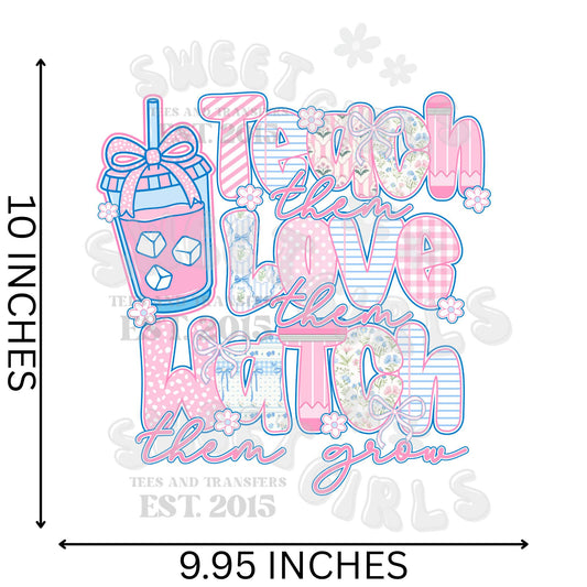 Teach Love Grow DTF Transfer – Grandmillennial Teacher Bow Preppy Floral Heat Transfer – Iron-On Sticker for Shirts, Sweatshirts, Totes