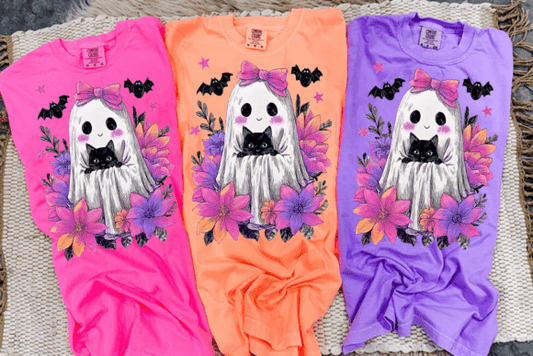Girly Ghost & Black Cat Halloween Heat Transfer – Cute Floral DTF Iron-On for Trick or Treat Shirts