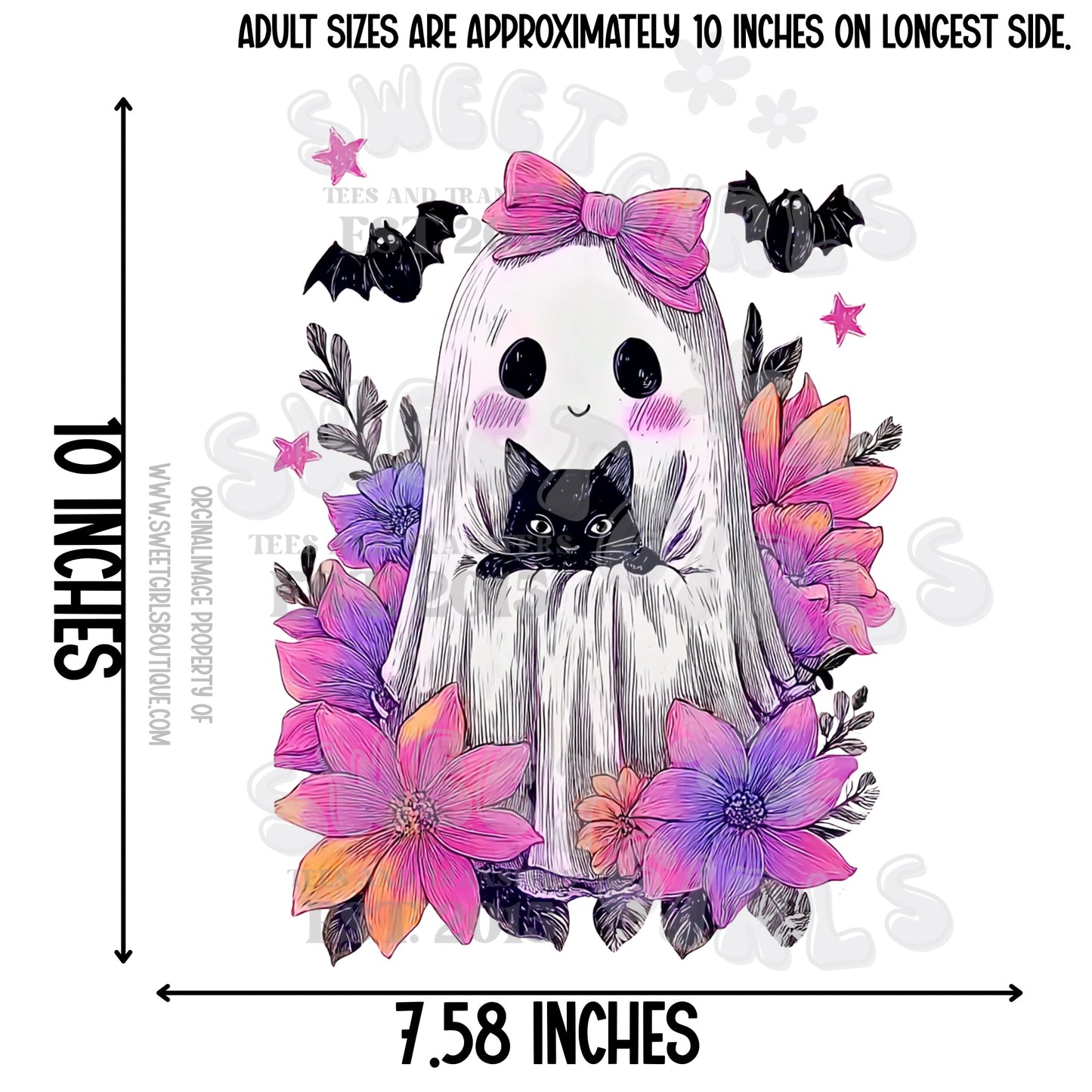 Girly Ghost & Black Cat Halloween Heat Transfer – Cute Floral DTF Iron-On for Trick or Treat Shirts