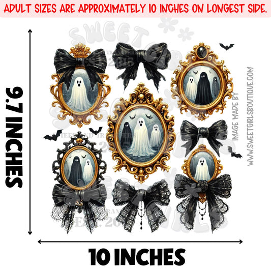 Vintage Ghost Cameo Halloween Heat Transfer – Retro Ghost Frames with Bows – Spooky Cute DTF Ready to Press Iron-On