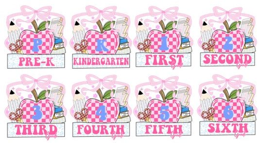 Pink Apple School Grade Level DTF Transfer – Ready to Press Heat Transfer for Teachers, Back to School Iron-On for Shirts, Totes, & More – Direct to Film Transfer for Pre-K, Kindergarten, 1st-6th