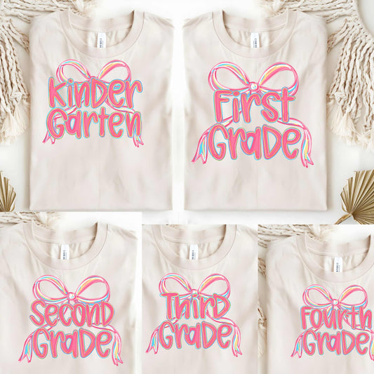 Pastel Coquette Bow Grade Level DTF Transfer – Ready to Press Pink Rainbow Ribbon Iron-On for Teachers – PreK to 4th Grade Direct to Film Transfers for Back to School Shirts, Bags, and Accessories