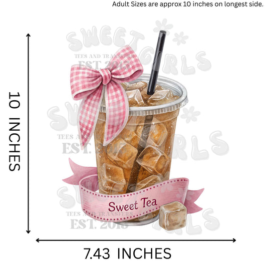 Sweet Tea Pink Bow Cup DTF HEAT TRANSFER – Southern Style Gingham Charm Direct to Film for Shirts, Tumblers & Tote Bags – Cold Peel Iron-On Transfer for Summer Fashion