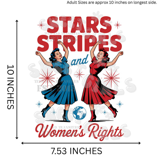 Stars Stripes and Women's Rights DTF HEAT TRANSFER – Retro Patriotic Feminist Direct to Film for T-Shirts, Bags & Fabric Decor – Ready to Press Iron-On Cold Peel USA Transfer