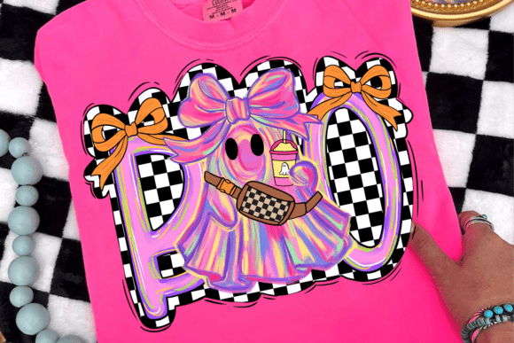 Pink Boo Ghost Checkered Bow DTF Heat Transfer – Cute Halloween Shirt Iron On