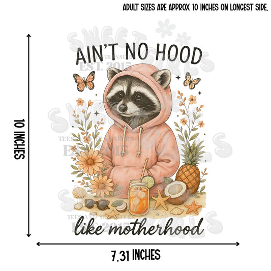 Ain’t No Hood Like Motherhood DTF Heat Transfer – Cute Raccoon in Hoodie Design for Mom Life Tees, Trendy Funny Animal Iron-On, Ready to Press