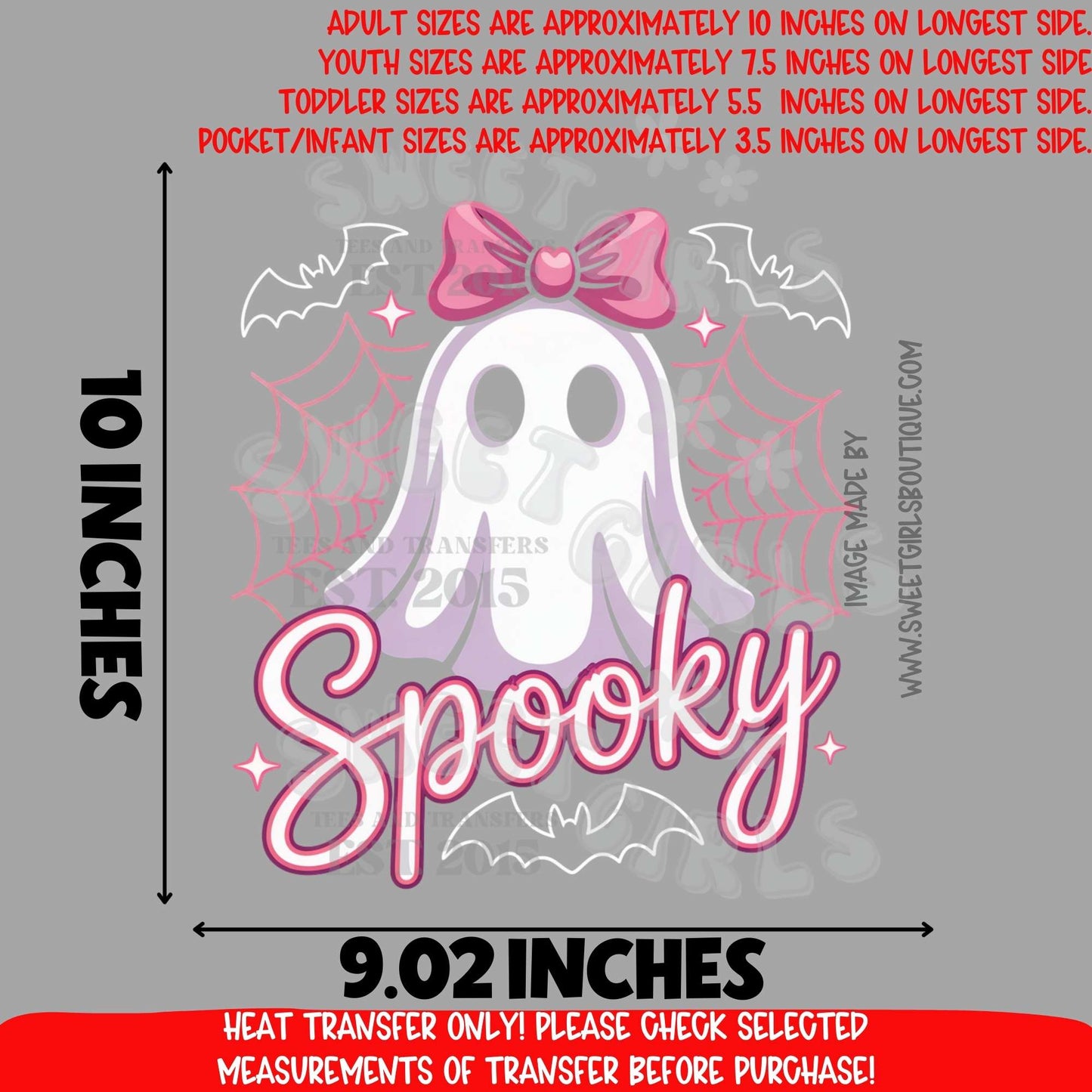 Spooky Ghost with Bow DTF heat transfer — cute pastel Halloween ghost, girly spooky season design, kawaii pink bow graphic for tees & sweatshirts, fast ship printable transfer for cotton & blends — boo themed craft supply
