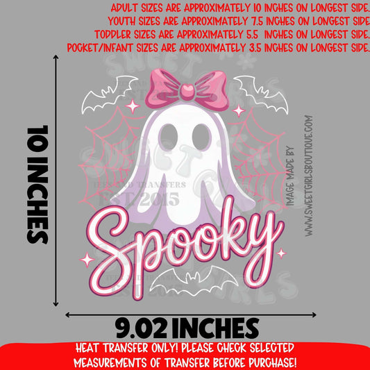Spooky Ghost with Bow DTF heat transfer — cute pastel Halloween ghost, girly spooky season design, kawaii pink bow graphic for tees & sweatshirts, fast ship printable transfer for cotton & blends — boo themed craft supply