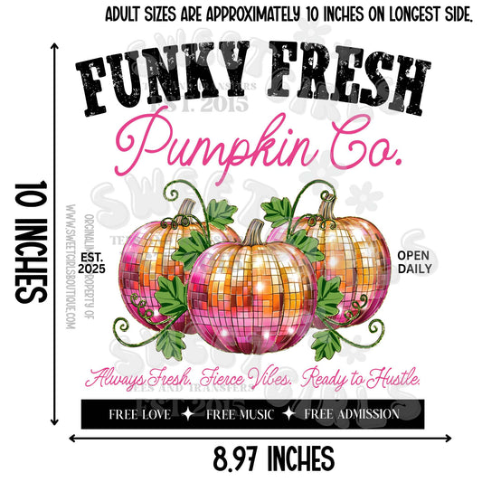 Funky Fresh Pumpkin Co. DTF Transfer – Pink and Orange Disco Ball Pumpkins with Green Leaves – Groovy Fall Iron-On Shirt Print