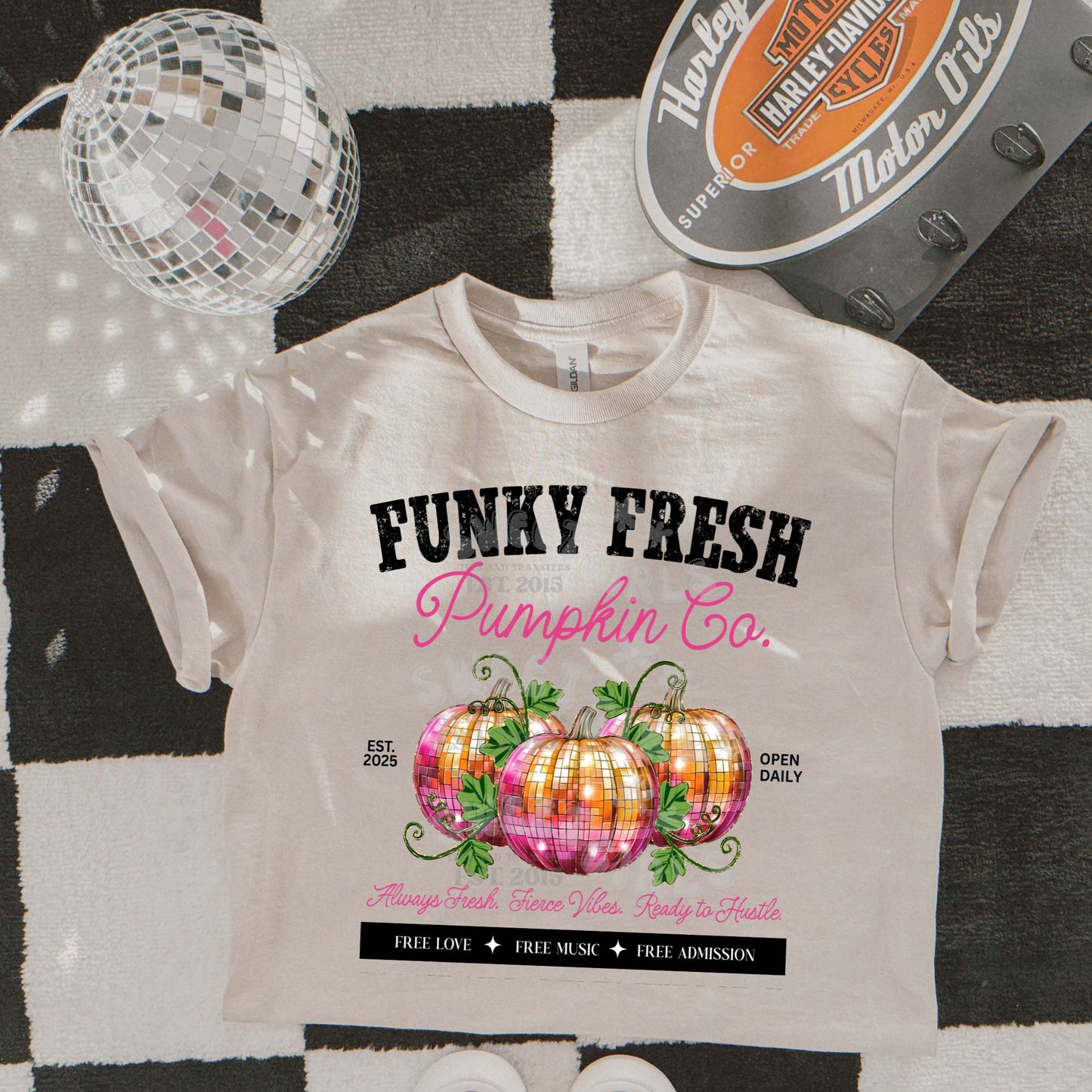 Funky Fresh Pumpkin Co. DTF Transfer – Pink and Orange Disco Ball Pumpkins with Green Leaves – Groovy Fall Iron-On Shirt Print