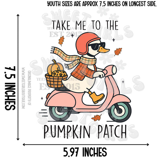 Take Me to the Pumpkin Patch Duck DTF Transfer – Cream Duck on Pink Scooter with Orange Plaid and Autumn Leaves – Iron-On Fall Shirt for Kids & Youth