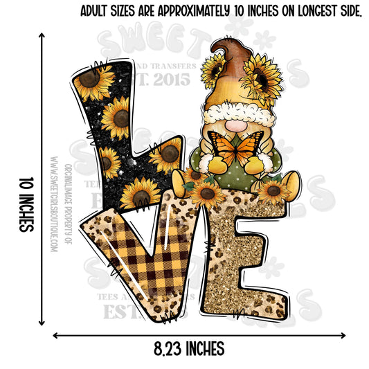 Sunflower Gnome LOVE DTF Transfer – Yellow Sunflowers with Gnome in Green Hat and Orange Butterfly – Rustic Leopard & Buffalo Check Iron-On Design