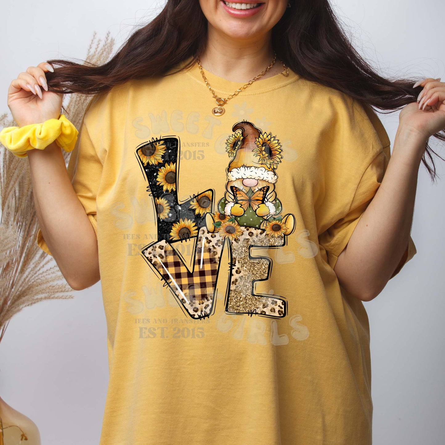Sunflower Gnome LOVE DTF Transfer – Yellow Sunflowers with Gnome in Green Hat and Orange Butterfly – Rustic Leopard & Buffalo Check Iron-On Design