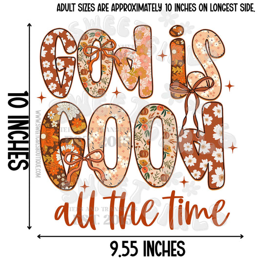 Floral Faith God Is Good DTF Transfer – Christian Fall Iron-On Design with Orange, Cream & Brown Florals, Pumpkins, Bows & Retro Lettering – Ready to Press Shirt Print