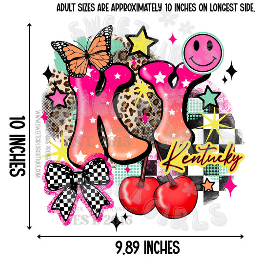Groovy Bow State DTF Transfer – Trendy Leopard Smiley Cherry Print – 10 Popular States Availanle