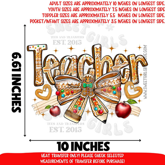 Teacher Gingerbread Christmas Heat Transfer | Holiday Cookie Bow Apple Classroom DTF Ready To Press Iron On Applique