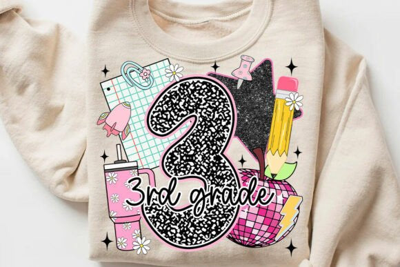 Y2K Girls Back to School Heat Transfer – Preschool to 5th Grade Glitter Notebook Cupcake Pencil DTF Print