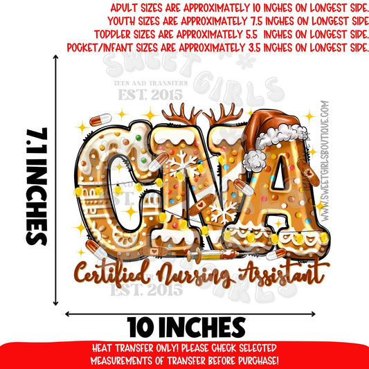 CNA Gingerbread Christmas Heat Transfer | Certified Nursing Assistant Holiday Cookie DTF Ready To Press Iron On Applique