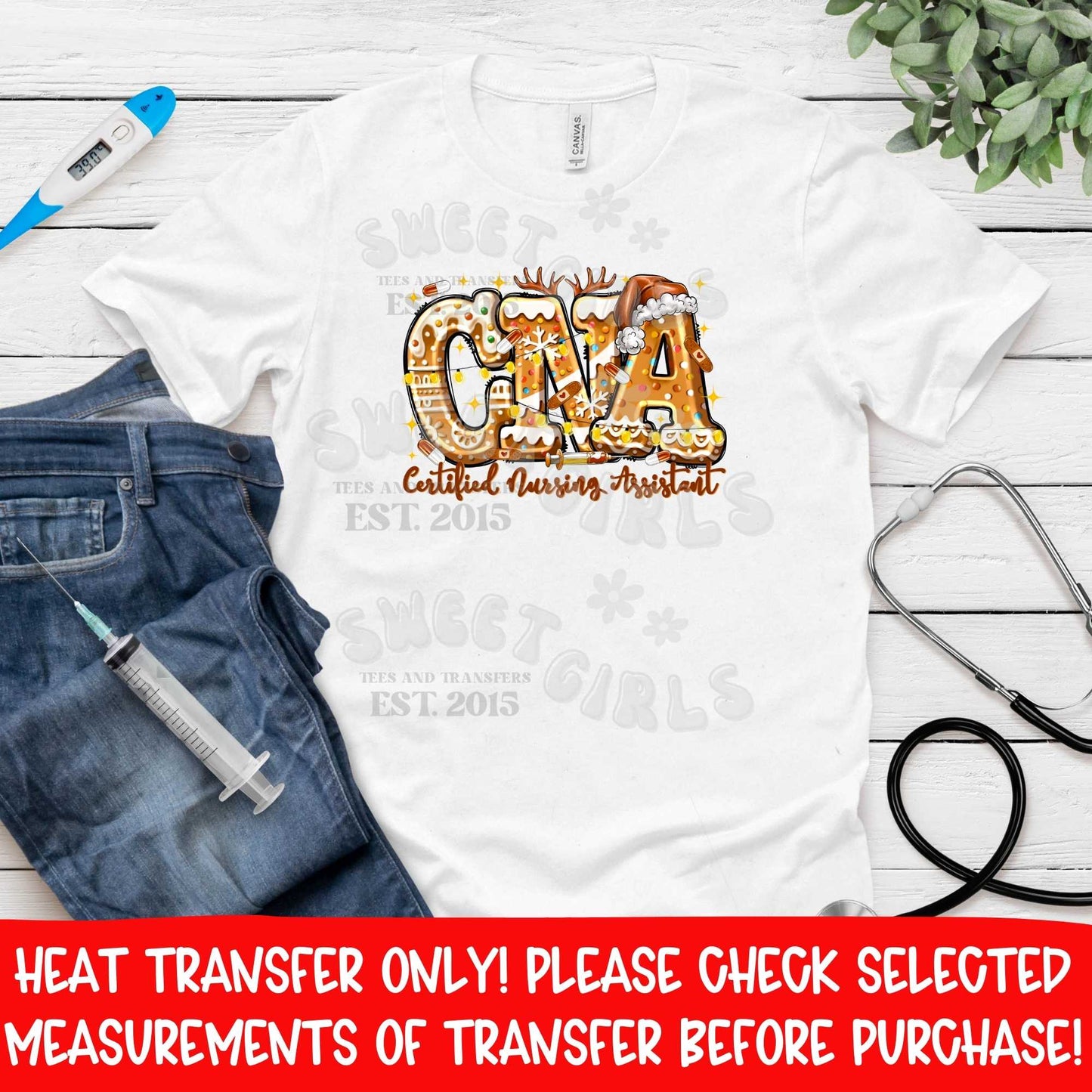 CNA Gingerbread Christmas Heat Transfer | Certified Nursing Assistant Holiday Cookie DTF Ready To Press Iron On Applique
