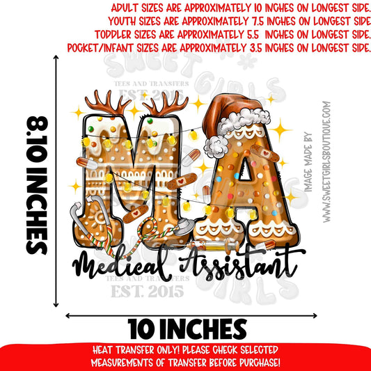 MA Gingerbread Christmas Heat Transfer | Medical Assistant Holiday Cookie Nurse DTF Ready To Press Iron On Applique