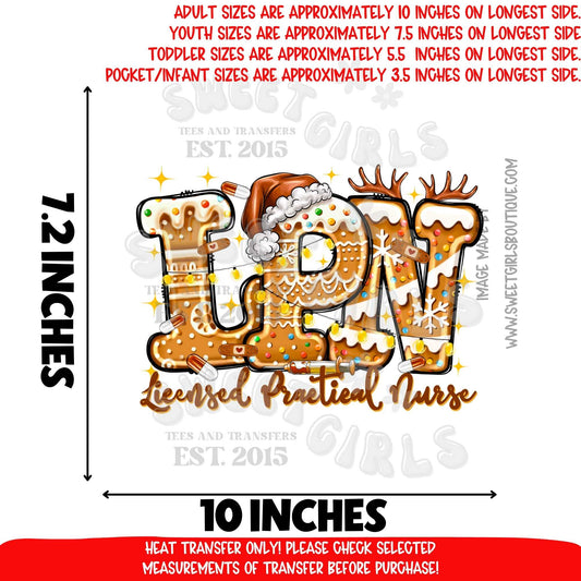 LPN Gingerbread Christmas Heat Transfer | Licensed Practical Nurse Holiday Cookie DTF Ready To Press Iron On Applique