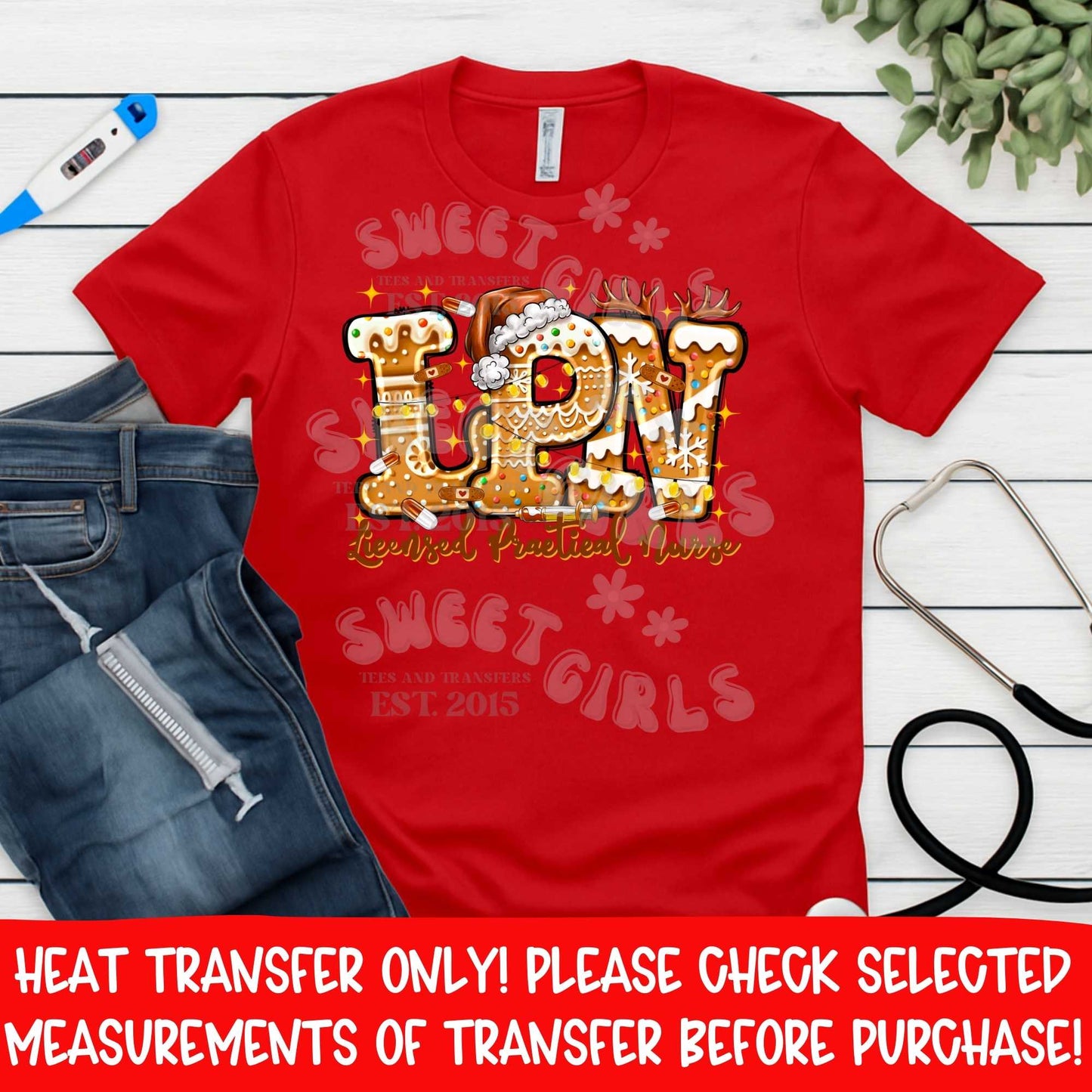 LPN Gingerbread Christmas Heat Transfer | Licensed Practical Nurse Holiday Cookie DTF Ready To Press Iron On Applique