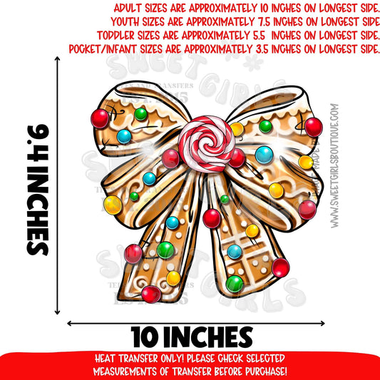 Gingerbread Christmas Bow DTF Heat Transfer | Candy Cane Holiday Cookie Bow Ready To Press Iron On Applique
