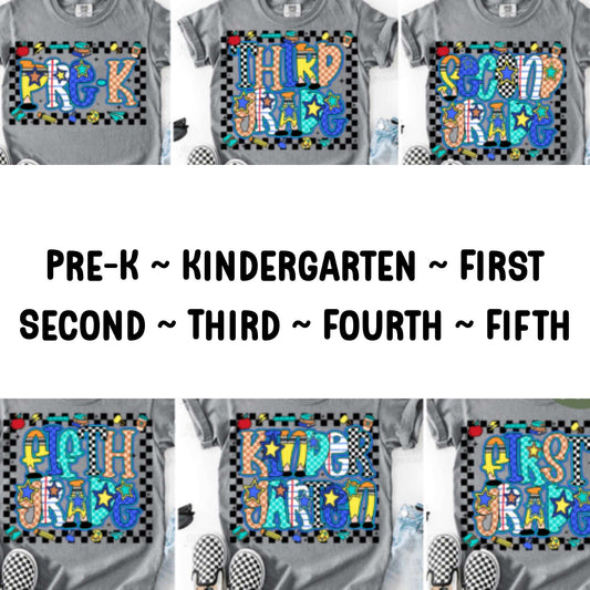 Star Checker Back to School DTF Transfers – Pre-K to 5th Grade Heat Press Designs for Kids' Shirts