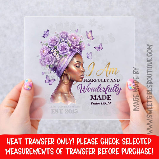 I Am Fearfully And Wonderfully Made Heat Transfer, Psalm 139:14 DTF Transfer, Christian Woman Floral Headwrap Shirt Decal, Faith Scripture Graphic, Not A Shirt
