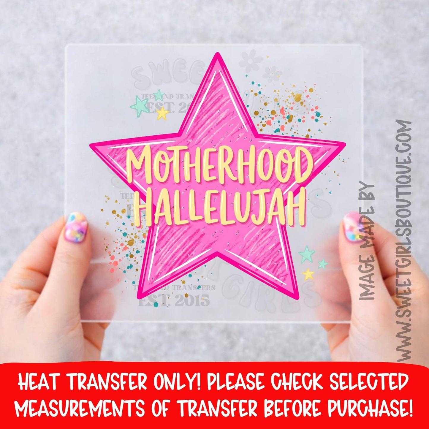 Motherhood Hallelujah Pink Star Heat Transfer, Funny Mom Life DTF Transfer, Bright Pink Motherhood Shirt Decal, Retro Mama Graphic, Trendy Mom Gift, Ready To Press Transfer, Not A Shirt