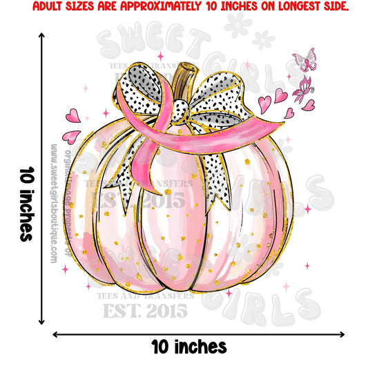 Pink Pumpkin with Breast Cancer Awareness Bow DTF Heat Transfer – Cute Fall Shirt Iron-On Design – Pink Ribbon Autumn Printable Transfer for DIY Tees