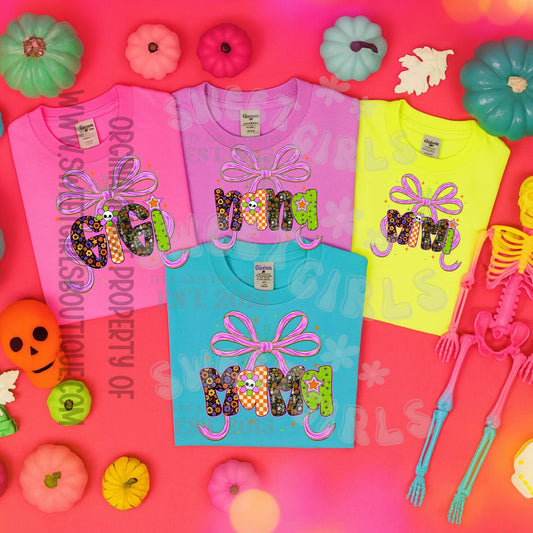 MAMA MIMI GIGI NANA Halloween Bow DTF Heat Transfer – Cute Spooky Shirt Design – Fall Printable Transfer for DIY Tees