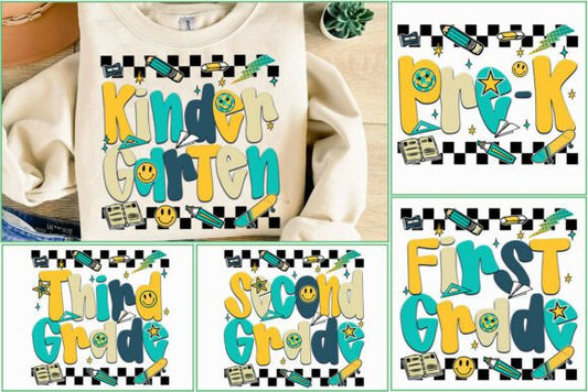 Back to School DTF Heat Transfer – PreK to 3rd Grade Kids Shirt Design – Fun Elementary Printable Transfer with Smiley and School Supplies