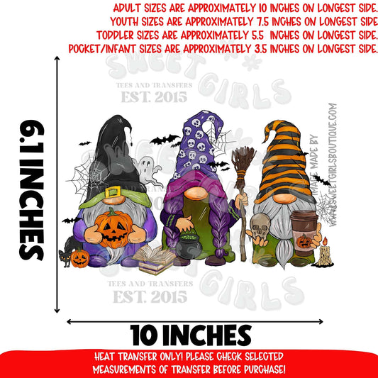 Halloween Gnomes Trio Heat Transfer – Witches, Pumpkins, Coffee, and Skulls DTF Print