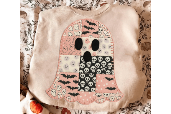 Halloween Patchwork Ghost DTF Heat Transfer | Cute Pink Skull Bat Ghost Iron-On | Fall Halloween Shirt DIY Printable Transfer