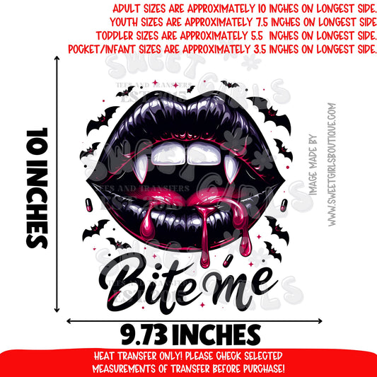 Bite Me Vampire Lips DTF Heat Transfer | Gothic Vampire Fang Lips Iron-On | Halloween Spooky Cute DIY Shirt Transfer