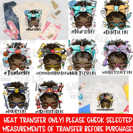 African American Messy Bun Career DTF Heat Transfer – Adult Size 10" Longest Side – Nurse, Teacher, Hairstylist, Barber, Nail Tech, Cosmetologist, Mechanic, Welder, Electrician, Bartender, Baker – Printable Transfer for Shirts