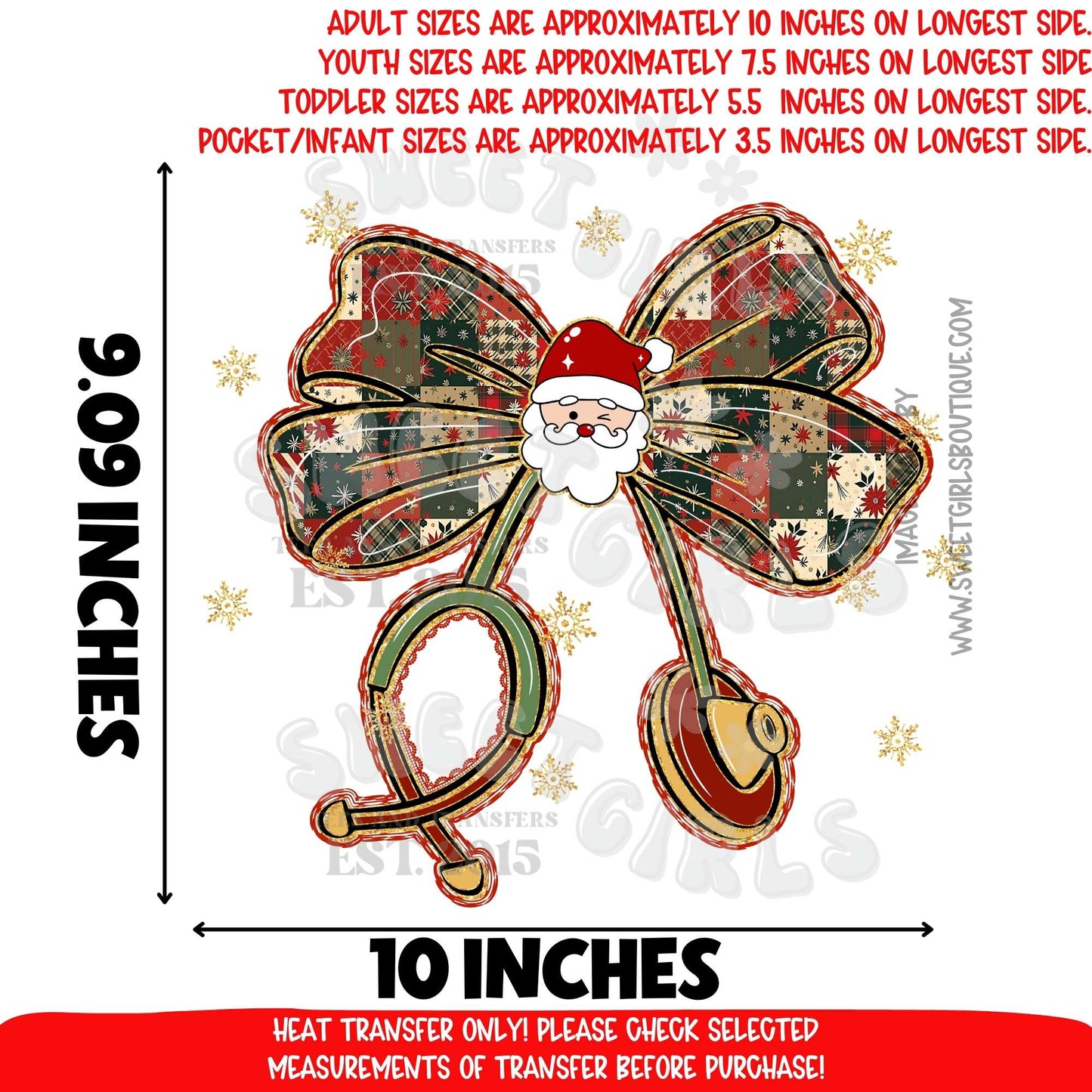 Christmas Nurse Stethoscope Bow Heat Transfer | Santa Claus Medical DTF Print | Holiday Nurse Iron On Applique | Plaid Santa Stethoscope Bow | Ready to Press Cold Peel Transfer for Scrubs, Shirts & Hoodies