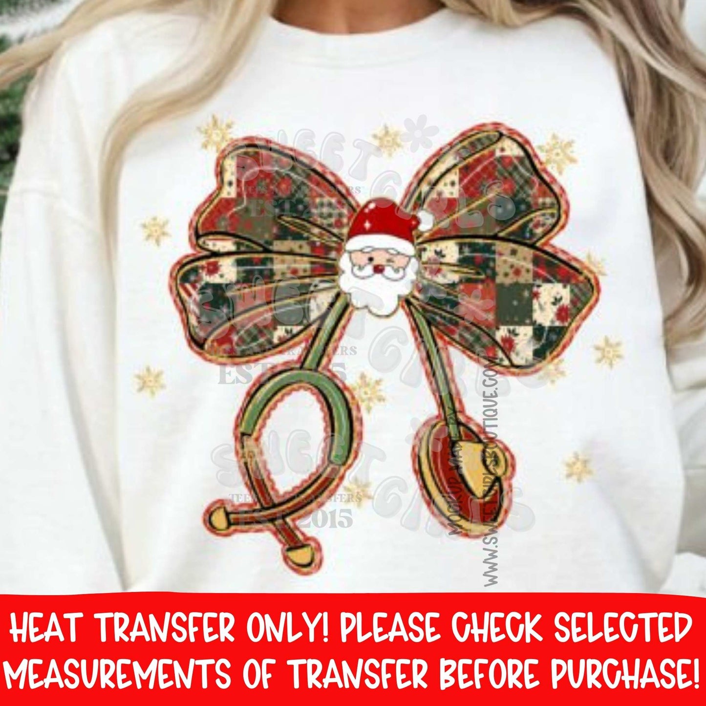 Christmas Nurse Stethoscope Bow Heat Transfer | Santa Claus Medical DTF Print | Holiday Nurse Iron On Applique | Plaid Santa Stethoscope Bow | Ready to Press Cold Peel Transfer for Scrubs, Shirts & Hoodies