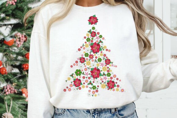 Floral Christmas Tree Poinsettia Holiday DTF Heat Transfer Ready to Press Iron On