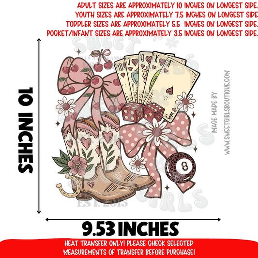 Cowgirl Boots Dice Bows Cherry Western DTF Heat Transfer Trendy Iron On Cold Peel