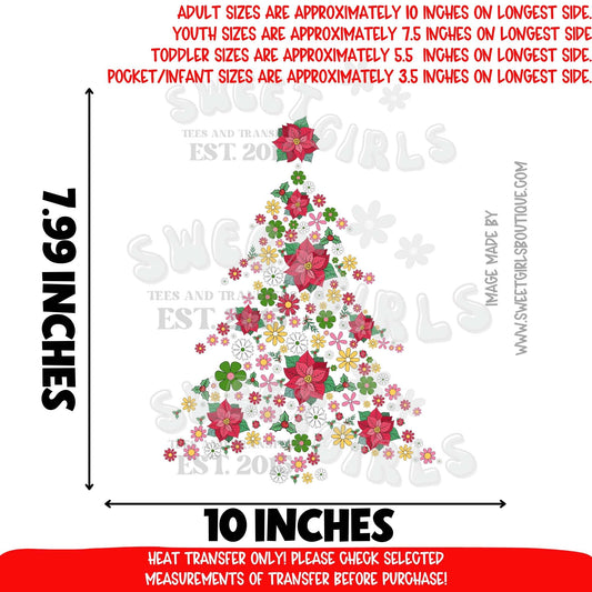 Floral Christmas Tree Poinsettia Holiday DTF Heat Transfer Ready to Press Iron On