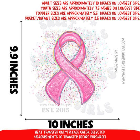 Pink Glitter Ribbon Breast Cancer Awareness DTF Heat Transfer Ready to Press