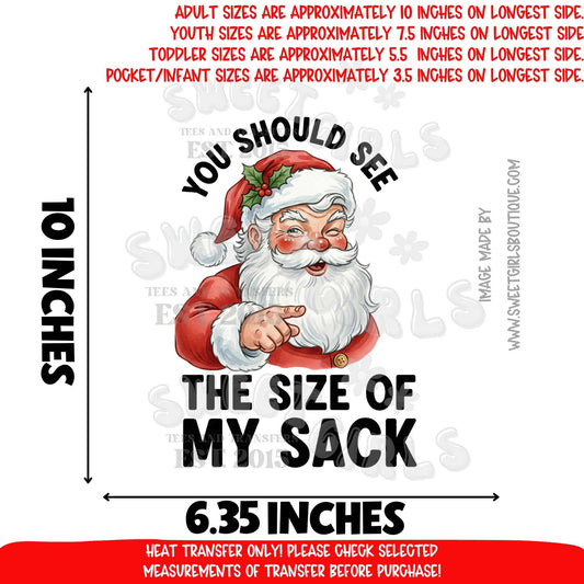 Funny Santa Sack You Should See The Size Of My Sack Christmas Humor DTF Heat Transfer Ready To Press Iron On Adult Holiday Shirt DIY Gift